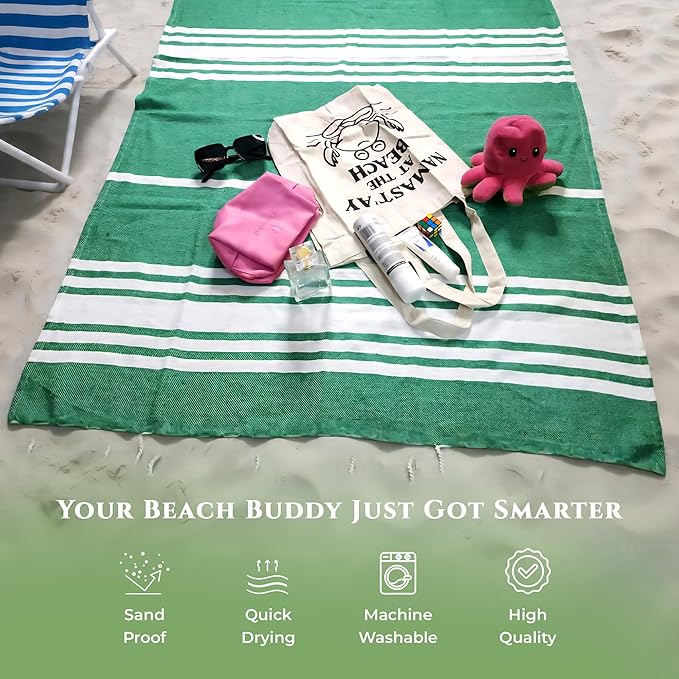 Turkish Cotton Beach Towel Pack of 4 & 1 Boho Tote Bag - Hammam Towels - No Shrink - Quick Dry - Lightweight - Sand Free - Camping - Pool - Tanning - Beach Essentials - Green (40"x70")