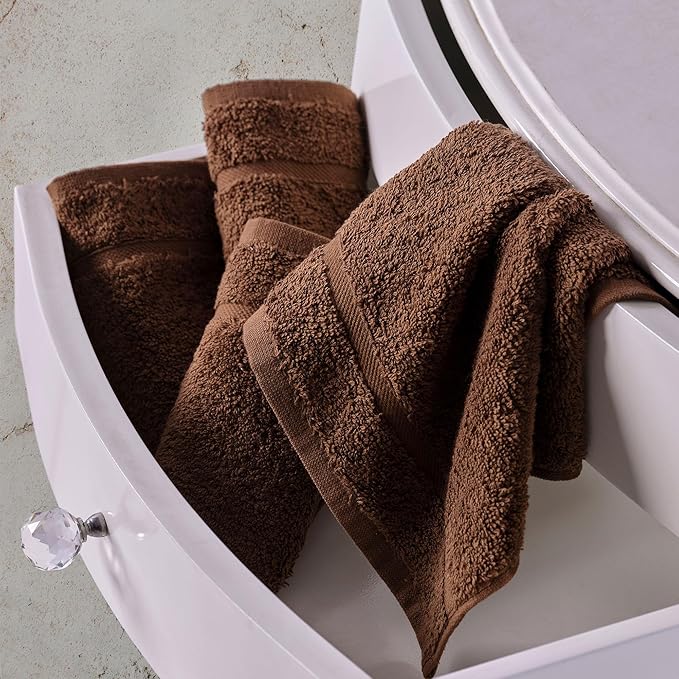 Hawmam Linen Luxury Cotton Washcloths 13x13 Inch - Large Hotel Spa Bathroom Face Towel | 12 Pack | Brown