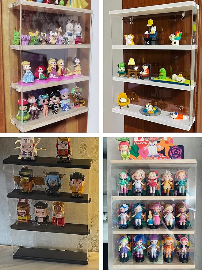 Choowin 3 Layer Wall Shelf Clear Acrylic Display Case for Collectibles, Mini Figures, Pop Mart, Labubu, Sonny Angel, Smiski - Assemble Dustproof Acrylic Display Box with Sliding Door (Wood)
