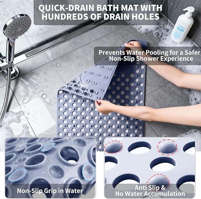 Bath Tub Shower Mat with Soft Shower Foot Scrubber Mat for Massage,Non Slip Bathtub Mat with Strong Suction Cups, Silicone Shower Foot Scrubber Mat (Gray, 35.4" X 23.6"(Rectangular))