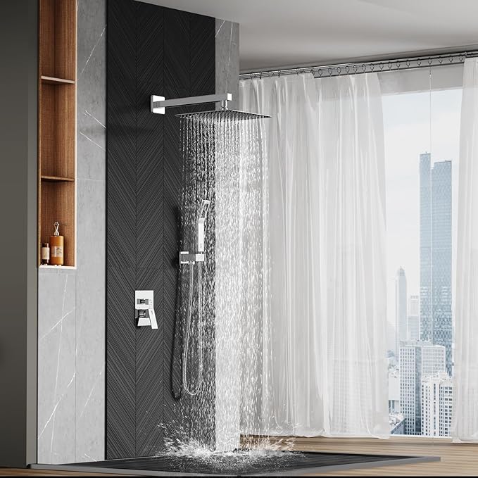 SR SUN RISE SRSH-D1203 12 Inches Bathroom Luxury Rain Mixer Shower Combo Set Wall Mounted Rainfall Shower Head System Polished Chrome Shower Faucet Rough-in Valve Body and Trim Included