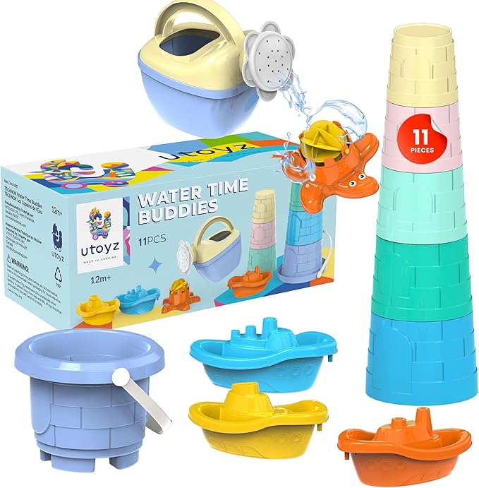 Water Time Buddies – 11pcs Toddler Water Toy Set with Watering Can, Boats, Toy Animals, Stacking Cups & Buckets, Toddler Bath Toys for 1+, Kids Pool Toys & Indoor Accessories for Water Play