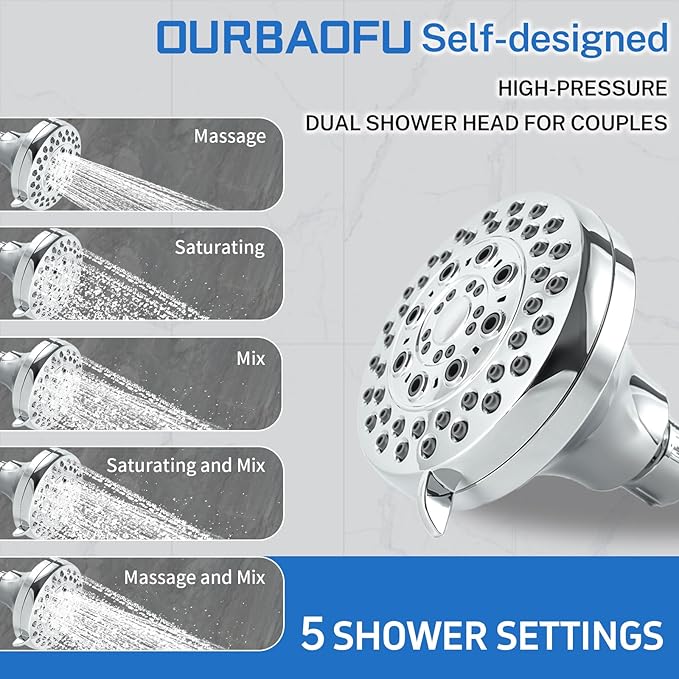 Tandem Shower Heads, Double Shower Head for Couples, Dual Shower Head System for Two People, High Pressure and Adjustable Double Shower Heads (Silver)