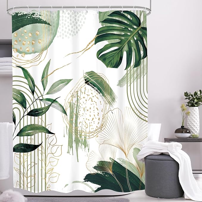 Sage Green Boho Shower Curtain 54Wx78H Small Stall Modern Abstract Mid Century Bohemian Tropical Palm Leaves Geometric Plant Bathroom Decor Botanical Bath Curtain Fabric Polyester 12 Pack Hooks