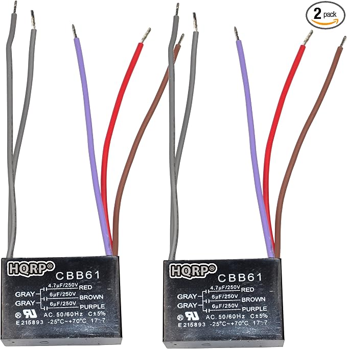 HQRP 2-Pack Ceiling Fan Capacitor CBB61 4.7uf+6uf+6uf 5-Wire UL Listed by HQRP