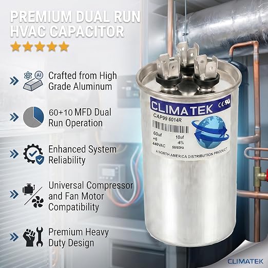 ClimaTek 60 + 10 MFD 370/440 Volt Dual Run Capacitor CAP99-6014R | 60/10 | VAC - Image 5