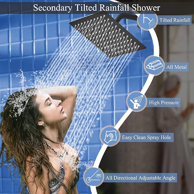Matte Black Shower System, Knob Switch Diverter Shower Faucet Set with High Pressure Handheld Spray, Ceiling Mount 10 Inch Shower Head with 6 Inch Wall Mount Shower Head