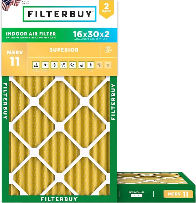 Filterbuy 16x30x2 Air Filter MERV 11 Superior Pet & Allergy Defense, by Filterbuy