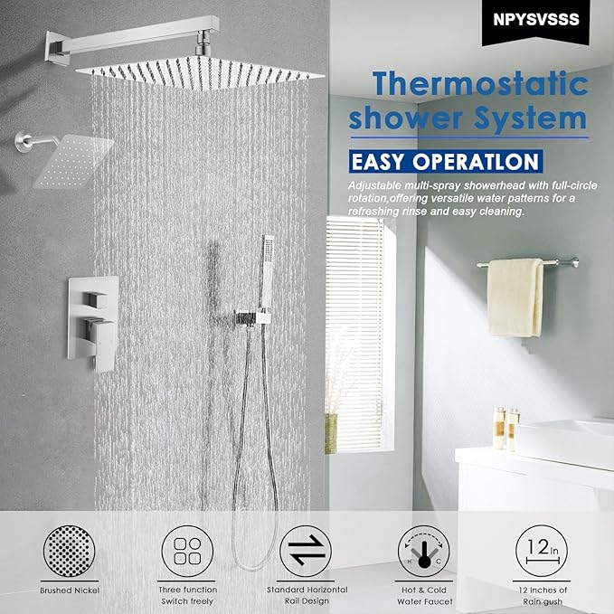 12" Shower Faucet Set Rain Shower System with 6" Wall Mounted Head Full Body Luxury Rain Shower System Rainfall Shower Head with Handheld Combo,3 Way Pressure Balance Valve Kit,Brushed Nickel