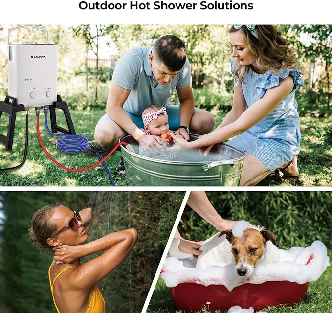 CAMPLUX Outdoor Portable Propane Caming Water Heater 1.32 GPM with Pump Pack Kits, Freestanding Stand & Carry Bag, AY132Max, White