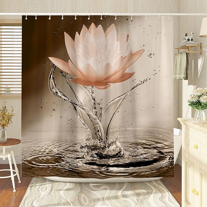 Lotus Shower Curtain Orange Flower Elegant Blooming Floral with Dew Spring Flower Reflection on Water Modern Romantic Polyester Fabric Bathroom Decor 70×70 Inch with Hook