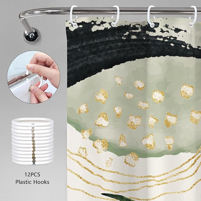 Grey Green Boho Shower Curtain 72Wx72H Abstract Tropical Palm Leaves Modern Bohemian Minimalist Gold Leaf Mid Century Plant Bathroom Decor Botanical Bath Curtain Fabric Polyester 12 Pack Hooks