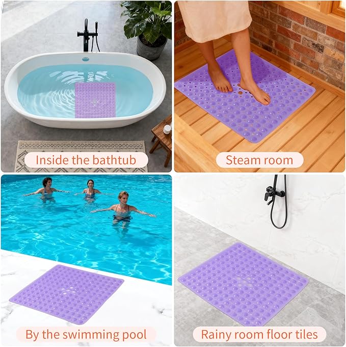 Anti-Slip Bathtub Shower mat, 20.8×20.8（Approximately 53×53cm） inch Soft Oversized Machine Washable Non-Slip Bathtub mat with Drainage Holes, Bathroom Floor Suction Cup.（1- Clear Purple）