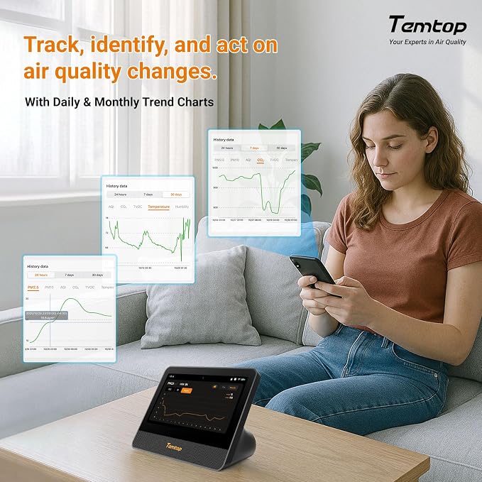 Temtop WiFi Air Quality Monitor M100 2nd Gen, 7 Inch Touchscreen CO2 Detector & - Image 6