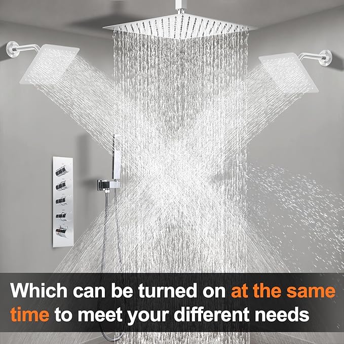 Thermostatic Shower System three Shower Heads with 16" Ceiling Mounted Rain Shower Head & 2 x 6" Wall Mounted Head 4 Function Full Body Shower System Can All Run Together, Chrome