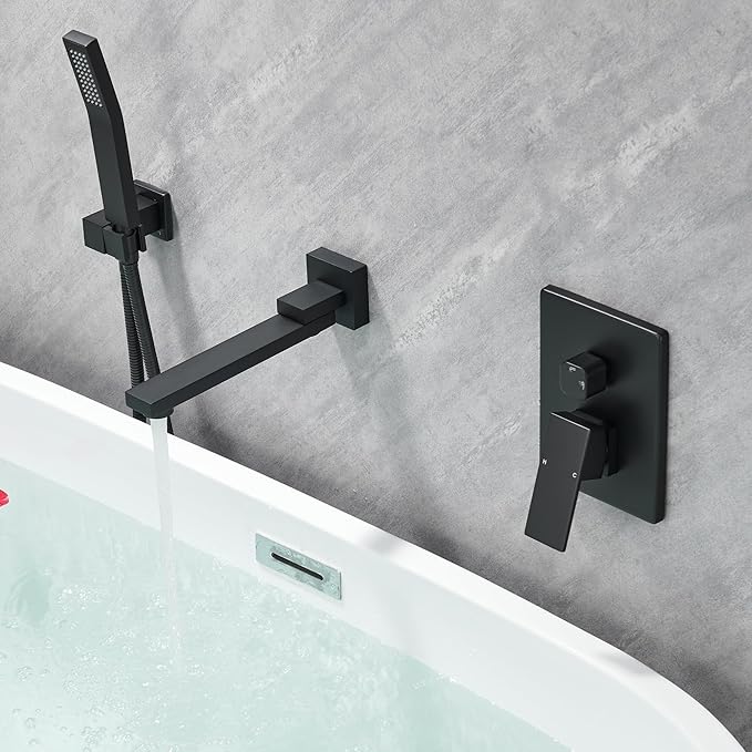 DASAN Swiveling Wall Mount Tub Filler Faucet Set with Hand Held Shower, Matte Black Modern Creative Bathtub Faucet Wall Mounted Bath Tub Faucet with High Flow Rough in Valve, SA-TF05WH-MB