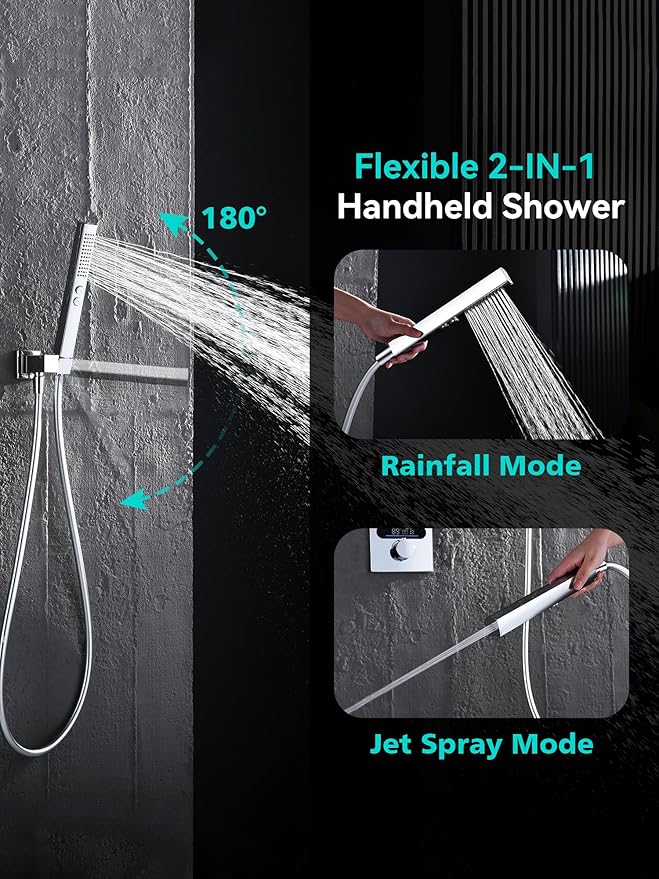 Lefton Shower System in Fahrenheit Display (Battery-free), 10” Overhead Shower Head with All-in-one Handheld Spray Showerhead and Bathtub Faucet, 4-in-1 Control System, SSWM2502 (Chrome)