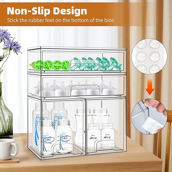 Baby Bottle Organizer, 4 Pack Stackable Storage Drawers with Labels, Clear Station Organizers Container for Pacifiers, Pump Parts, Desk Organizer Bins for Bathroom, Cabinet, Pantry, Vanity, Countertop