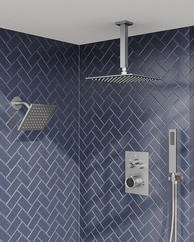 Thermostatic Shower System, Dual Rainfall Shower Heads for Ceilling & Wall Mounted with Handheld Sprayer, Brushed Nickel