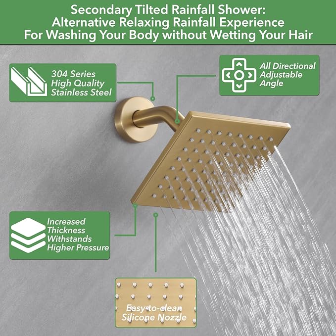VANFOXLE Shower Faucet Set Brushed Gold Shower System,Push Button Diverter Shower Faucet with 2 in 1 Handheld,Ceiling Mount 10 Inch Shower Head with 6 Inch Wall Mount Shower Head