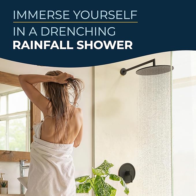 HammerHead Showers® Solid Metal 12 Inch Rainfall Shower Head, Large Rain Shower Head, 2.5 GPM High Flow Shower Head Optimized for Pressure, Wall-Mounted or Ceiling Rain Shower Head, Matte Black