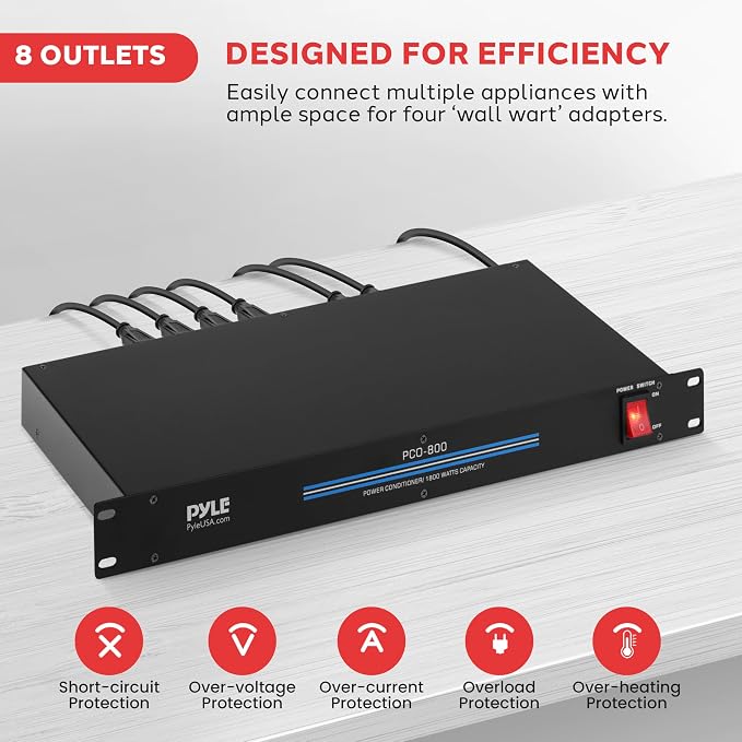 Pyle 1800W 8-Outlet Rack Mount Power Conditioner - 15 Amp Surge Protector - - Image 2
