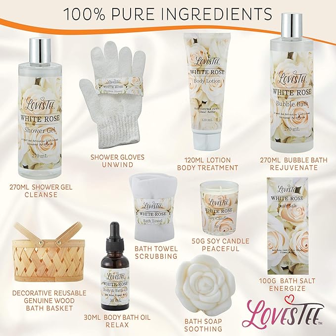 Christmas Gifts Bath & Body Spa Gift Basket for Women, Best Gift for Mother's Day & Birthday, White Rose Set Body Lotion, Shower Gel, Bubble Bath, Bath Salt, Towel, Soap, Oil, Candle, Gloves,