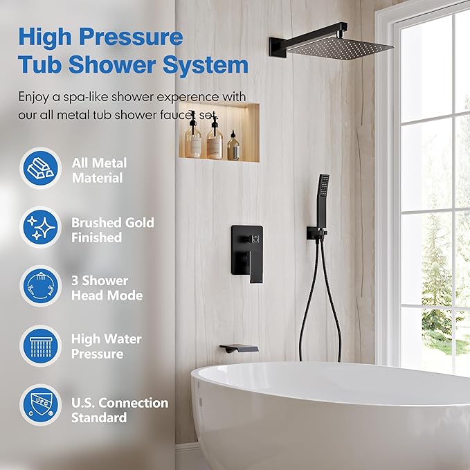Shower System with Tub Spout, All Metal Tub Shower Faucet Set with 10'' Rain shower heads and handheld spray combo,Wall Mounted Tub Shower Systems with Valve and Trim Kit, Matte Black
