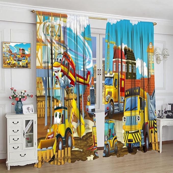 Kids Cartoon Construction Window Curtains, Funny Construction Site Cars and - Image 3