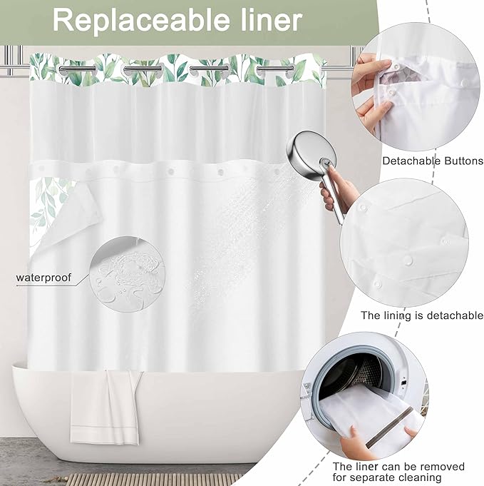 No Hook Shower Curtain and Liner Set, Light Green Eucalyptus Floral Shower Curtains for Bathroom, Bath Curtain Sets with Snap in Liner, Waterproof with See Through Top Window, 71x74 Inches