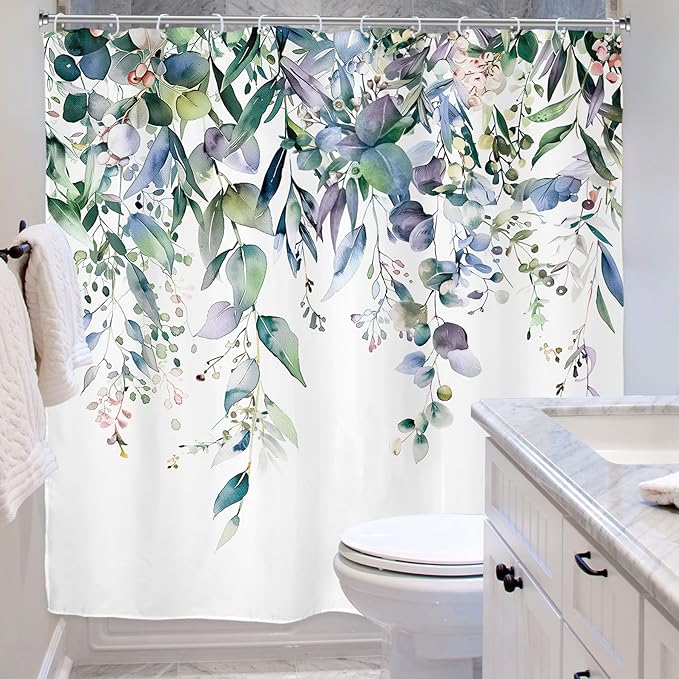 Riyidecor Teal Shower Curtain for Bathroom Decor 72Wx72H Eucalyptus Leaves Plants Navy Watercolor Floral Rustic Botanical Spring Nature Art Printed Fabric Polyester Waterproof 12 Pack Plastic