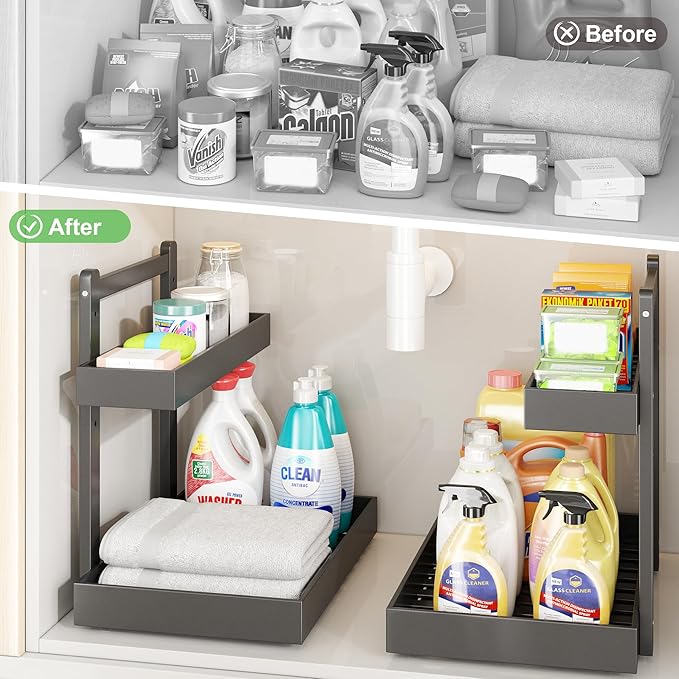Under Sink Organizer - 1-Tier Pull Out Cabinet Organizer Vertical Slide Out Sink Shelf Storage Shelves for Multi-Purpose Bath Kitchen Bathroom Medicine (Black, 2 Packs)