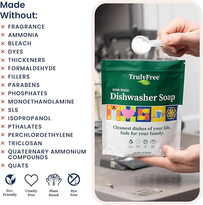 Truly Free Dishwasher Detergent Powder | Natural Dish Detergent, Dishwasher Soap | Plastic Free, Plant-Based, Clean, Heavy Duty Hard Water Stain & Grease Remover | Fragrance Free | 12.5 oz (Pack of 1)