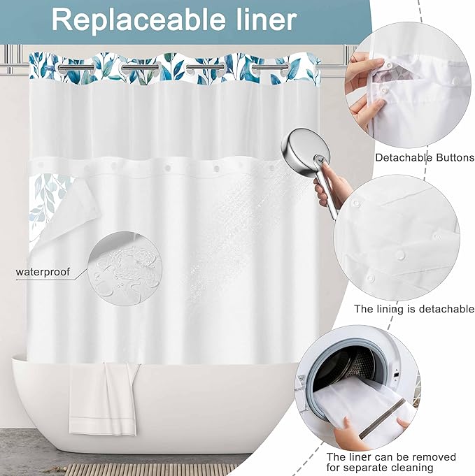 No Hook Shower Curtain and Liner Set, Dark Blue Eucalyptus Floral Shower Curtains for Bathroom, Bath Curtain Sets with Snap in Liner, Waterproof with See Through Top Window, 71x84 Inches