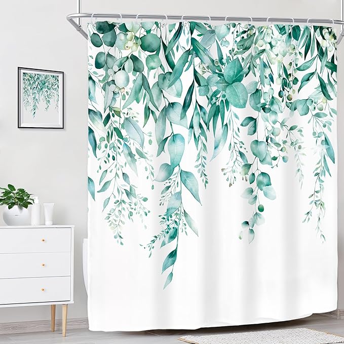 Riyidecor Teal Eucalyptus Leaves Shower Curtain for Bathroom Decor 60Wx72H Botanical Plants Spring Flower Herbs Botany Floral Art Printed Fabric Polyester Waterproof 12 Pack Plastic
