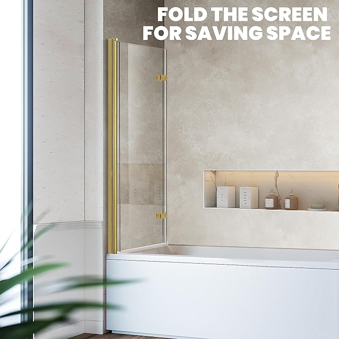 Bathtub Folding Shower Glass Door, 36" W*55" H Pivot H-Type Frameless Tub Shower Door, Clear Tempered Glass Shower Screen Panel for Bathroom, Brushed Gold