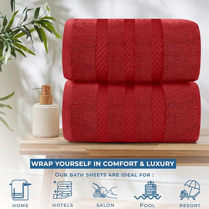 DAN RIVER 2 Pack Luxury Bath Sheets 35x70, 600 GSM, Soft & Quick Dry 100% Ring Spun Cotton Towels Ideal for Hotels, Spas, Gyms & Salons Extra Large, Red