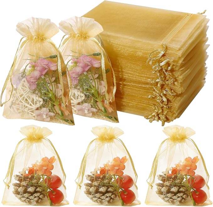 Hopttreely 100pcs Organza Bags, Gold 4''x4.72''(10x12cm) Satin Drawstring Organza Pouch Wedding Party Favor Gift Bag Jewelry Watch Bags