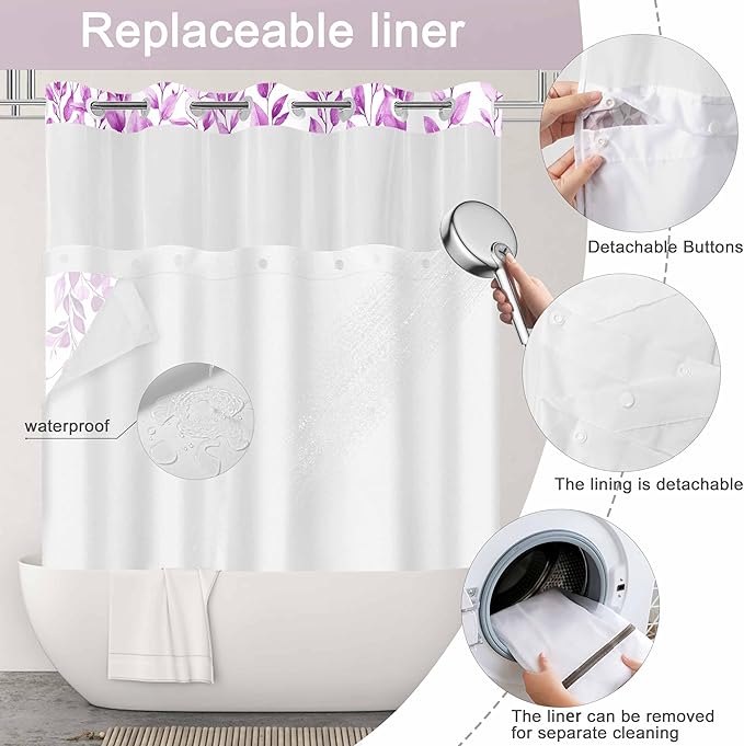 No Hook Shower Curtain and Liner Set, Purple Eucalyptus Floral Shower Curtains for Bathroom, Bath Curtain Sets with Snap in Liner, Waterproof with See Through Top Window, 71x84 Inches