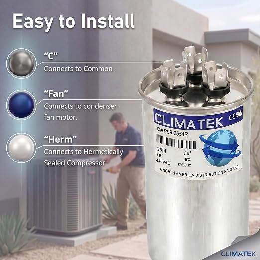 ClimaTek 25 + 5 MFD 370/440 Volt Dual Run Capacitor CAP99-2554R | 25/5 VAC | - Image 3