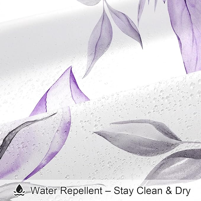 Purple and Grey Boho Watercolor Floral Shower Curtain, Ink Painting Style Blossom & Leaf Shower Curtains for Chic Elegant Bathroom, Artistic Fabric Cloth Flower Shower Curtain, 72x72