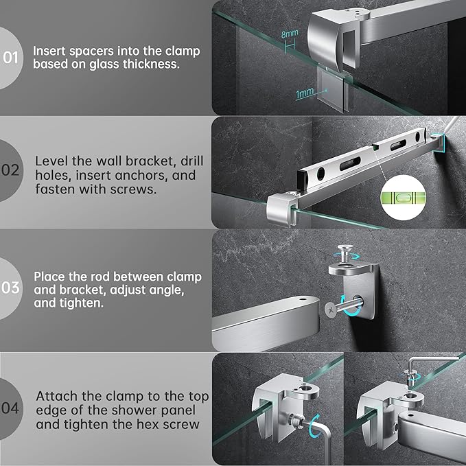 Frameless Shower Door Support Bar, Stainless Steel Wall-to-Glass Support Arm to Fixed Shower Glass Panel, for 1/4"-3/8" (6-10 mm) Door, 180° Pivot & Stow-Flat Mode (Brushed Nickel, 31.5-inch(800mm))