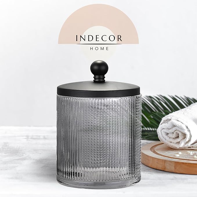 Gray Colored Tranlucent Apothecary Ribbed Geo Etched Glass Jar W/Matte Black Metal Lid Cover for Bathroom Organization, Cotton Balls, Q Tips, and Small Accessories, Bathroom Storage