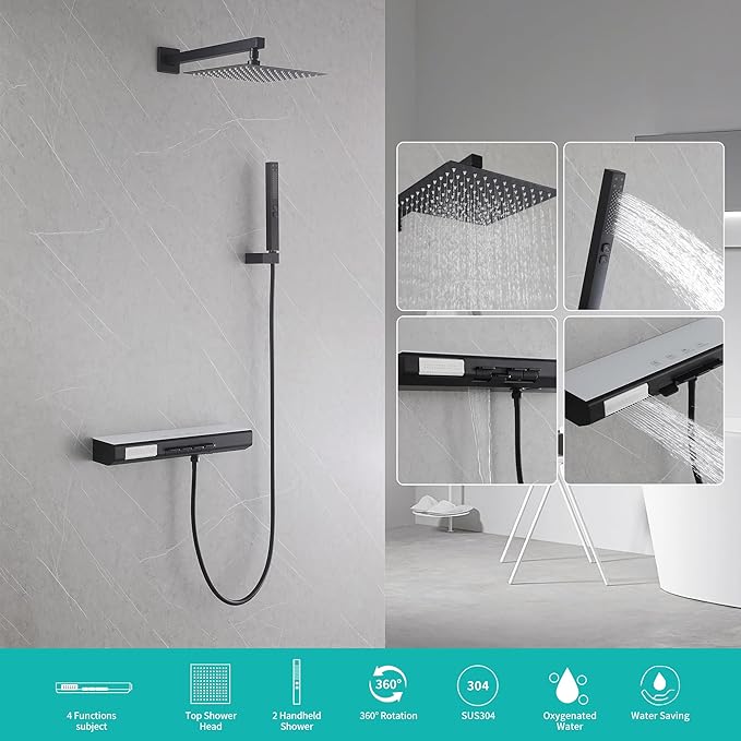 Matte Black Rain Shower System Combo: 10" Wall-Mounted Shower Fixtures with 2-in-1 Handheld Spray, Shower Valve with Body Jets, and Waterfall Spout Shower Faucet Set
