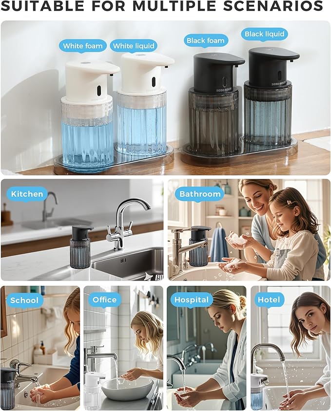 Automatic Liquid Soap Dispenser Touchless, 10oz/300ml Rechargeable, 3 Adjustable Liquid Levels, IPX5 Waterproof, for Kitchen Bathroom, Black