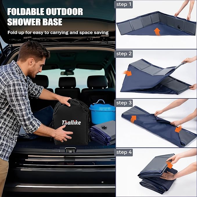 Upgraded Portable Shower Pan, 41" x 41" x 10" Outdoor Shower Base with Detachable Drain Pipe, Foldable Camping Shower Base for Beach, RV, and Indoor