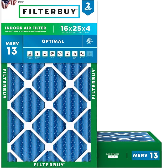 Filterbuy 16x25x4 Air Filter MERV 13 Optimal Smoke & Allergy Defense, by Filterbuy