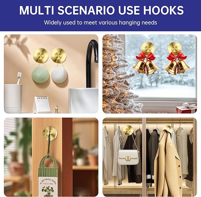 luckin smile Suction Cup Hooks for Shower, No-Drill Removable Towel Hook for Bathrooms, Shower Hooks, Suitable for Bathrooms, Kitchens, Windows, Glass, Powerful Suction Cup Hook (2, Gold)
