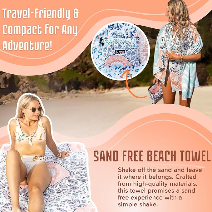 Nakie Sand Free Beach Towel, Quick Dry, Lightweight and Compact with Storage Bag, 160x90cm, Made from Recycled Bottles for Beach, Pool, Travel, Swimming and Outdoor Use (Sound of Summer)