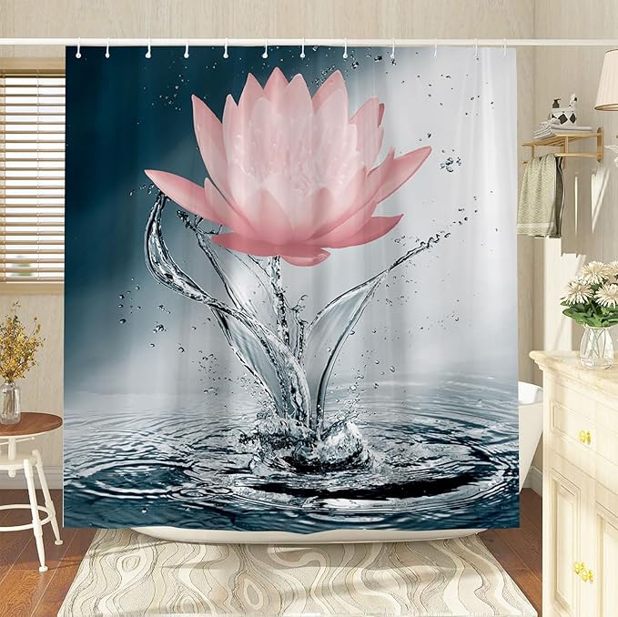 Lotus Shower Curtain Black White Blue Red Flower Elegant Blooming Floral with Dew Spring Flower Reflection on Water Modern Romantic Polyester Fabric Bathroom Decor 36×70 Inch with Hook